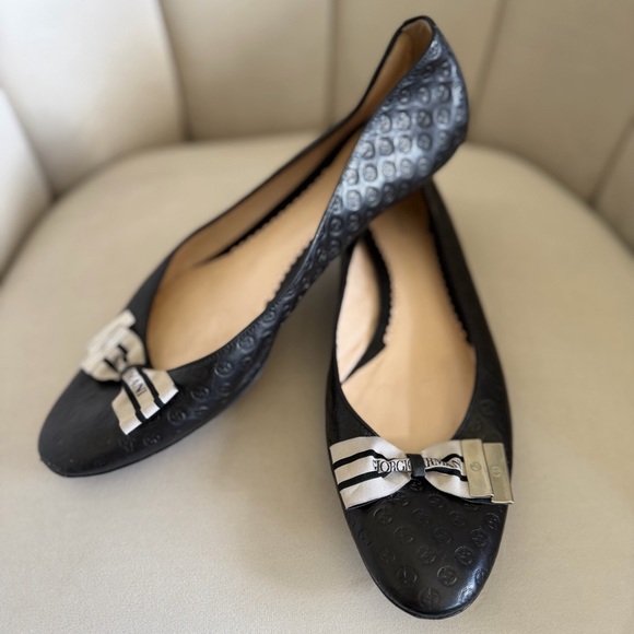 Giorgio Armani Black Logo-Embossed Striped Satin Bow Ballet Flats Shoes Y2K 9.5